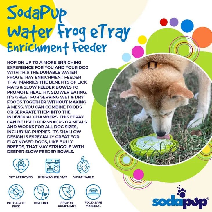 Introducing SodaPup's Water Frog Enrichment Tray, a green slow feeder crafted for dogs.