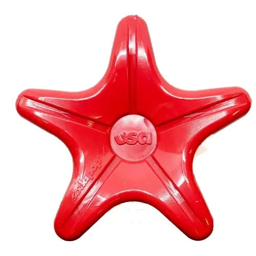 Introducing malibudjango's Starfish Ultra Durable Nylon Dog Chew Toy in Red, designed for dogs weighing between 15 and 80 lbs. This interactive peanut toy is perfect for aggressive chewers.