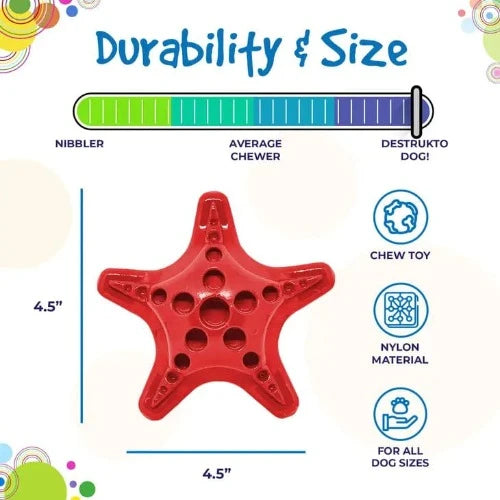 Introducing malibudjango's Starfish Ultra Durable Nylon Dog Chew Toy in Red, suitable for dogs weighing 15-80 lbs. This interactive peanut toy is designed to withstand the toughest chewers.